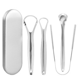 Set de 4 Raspador de Lengua Acero Inoxidable, Limpiador de Lengua con Estuche
