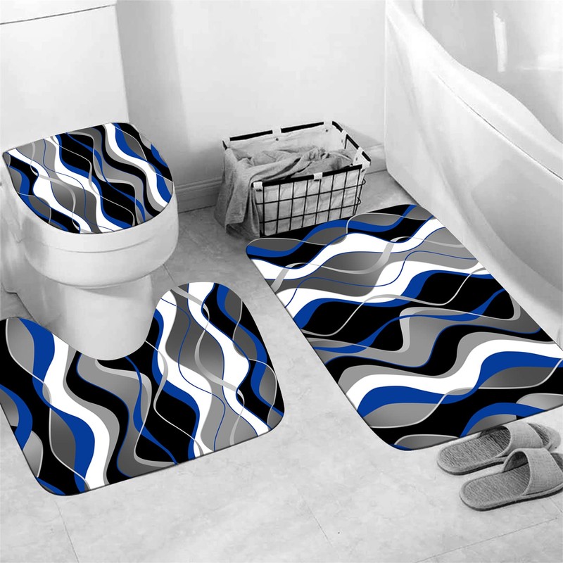 Nkzply 4 Pcs Blue Shower Curtain Black Bathroom Sets with