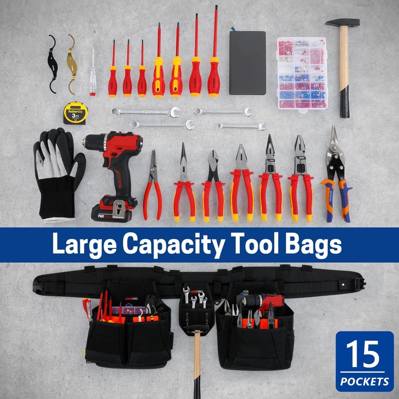 WISEPRO Tool Belt with Suspenders, Heavy Duty Adjustable Detachable Electrician