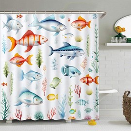 FILMILIL Tropical Fish Shower Curtain Nautical Cartoon Ocean Fishes Coastal Beach Sea Animal Teen Beachy Theme Summer Bathroom Curtain Set Polyester Fabric Hooks 70 X 70 Inch