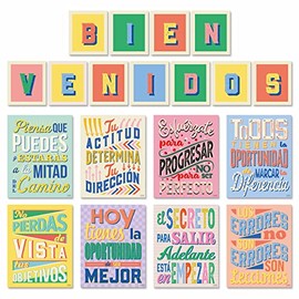 Set of 8 Motivational Posters in Spanish & BIENVENIDOS Letters for Teachers & Students - Spanish Language Posters That Inspire - Laminated Growth Mindset Spanish Posters for Classroom - 11"x14"