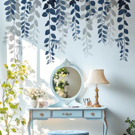 VePret Blue Hanging String of Eucalyptus Wall Decals Peel and Stick, Large Plants Vinyl Wall Stickers, Removable Vine Home Decor Art for Bedroom Living Room Classroom Office
