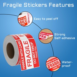 InPoetry Fragile Stickers for Shipping, 2"x3" Handle with Care Fragile Sticker, 1000 Adhesive Warning Stickers Fragile Labels, 500 Labels/Roll, 2 Rolls.