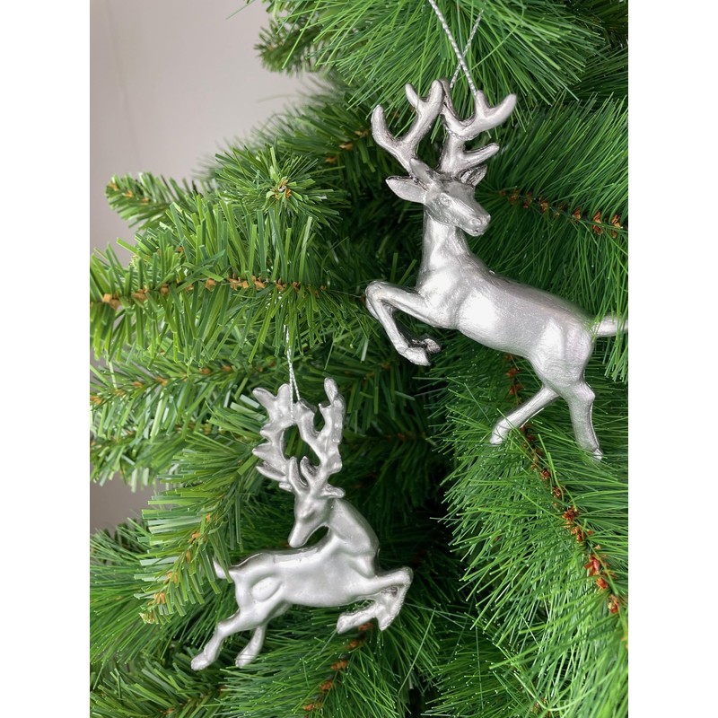 Set of 2 Deer Hanging Silver Christmas Tree Decorations Antique