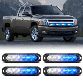 Nilight 4PCS 6LED Blue White Emergency Strobe lights 12V 24V Surface Mount Flashing Warning Hazard Lights Ultra Slim Sync Feature Grille for Cars Trucks Van Off Road Vehicles SUV