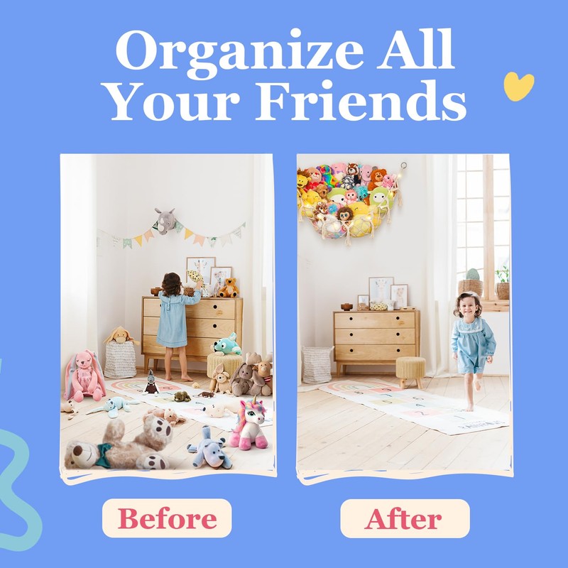 Stuffed Animal Storage Macrame Hammock w/String Lights, Large - Boho