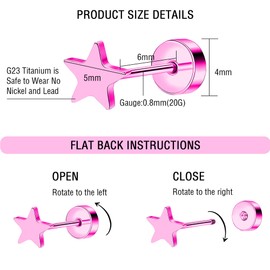 Artskin Women Flat Back Star Earrings Non-Nickel Heart Earrings Titanium Hypoallergenic Girls Cartilage Earrings Stud for Sensitive Ears Simple Classic 5mm Screw on Earring (Star - Pink)