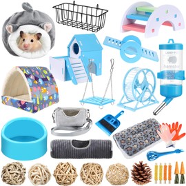 Teenyyou 24 Pcs Small Guinea Pig Starter Kit Essentials for Hamster Cage Accessories Toys House Bed Cage Cleaner Food Bowl Water Holder Carrier Bag Teething Toys Liner Tunnel for Beginner(Blue)