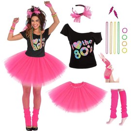 Women's 80's Costumes with Accessories Set Rose Red Tutu Skirt and T-shirt Medium(6-8)