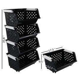 Wekioger 4 Pack Plastic Stackable Storage Baskets, Large Stacking Organizer Bins, Black