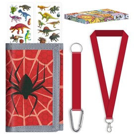 JONYEE Kids Wallet for Boys Girls, Box-Packed Novelty Wallet with Lanyard and 3D Stickers for Kids Toddler Children, Trifold Wallet with Key Chain and Zipper Coin Pocket for Outdoor Sports -Web