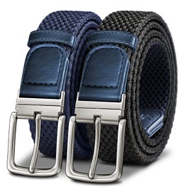 KEMISANT Braided Belt Reversible,Elastic Stretch Belt for Gift Men Golf Casual 1 3/8",2 In 1 Belt(Black/Antique Blue,42"-46" Waist Adjustable)