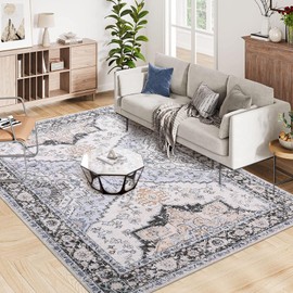 GlowSol Rug Washable Rug 9x12 Rug for Living Room Vintage Oriental Area Rug for Bedroom Decor Distressed Floral Rug Carpet Large Area Rug for Office Dining Room Dusty Blue 9'x12'