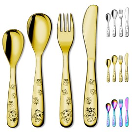 Berglander Gold Toddler Utensils 4 Pieces Golden Titanium Plating Kids Silverware Set, Children Safe Forks and Spoons Flatware, Mirror Polished Smooth Round Edage Cutlery Sets, Dishwasher Safe