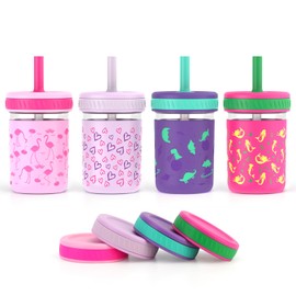 Sursip Toddler Glass Sippy Cups, Kids Baby 12 oz Spill-Proof Water Tumbler with Straw and Lids, Smoothie Snack Mason Jar For Travel School or At Home, 4 Packs BPA-Free