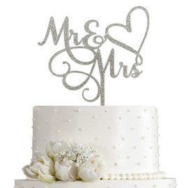 JIEEIN Decoración para tarta de Mr & Mrs – Cartel de novia y novio para boda, decoración de tarta de compromiso – Acrílico plateado con purpurina
