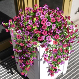 Hommyea Artificial Hanging Flowers for Outdoors, 2 Pcs Fake Hanging Plant Spring Summer Decor, UV Resistant No Fade Faux Flower for Front Door Porch Planter Patio Yard Garden(Light Purple Red)