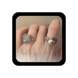 Xmsrn Vintage Textured Square Pearl Knuckle Rings Set Silver Pearl Stacking Finger Rings Boho Square Stackable Gothic Hand Stacked Jewelry for Women