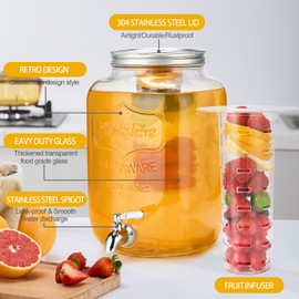 2 Gallon Glass Beverage Dispenser with Stand & Fruit Infuser, Stainless Steel Spigot - Glass Drink Dispensers for Parties, Drink Dispensers with Lids for Lemonade Sun Tea