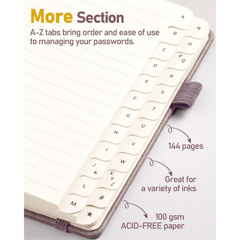 WEMATE Spiral Password Book with Alphabetical Tabs, Small, for Seniors,