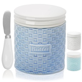 BAENOSE Ceramic Butter Crock, French Butter Dish for Spreadable Soft Butter,Butter Keeper for Counter,Ceramic Butter Keeper With Lid for Countertop, Butter Dish With Waterline (Light Blue)
