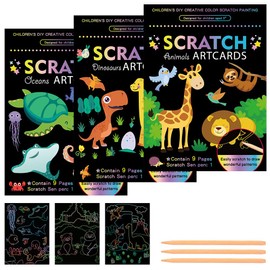 3pcs Scratch Art, Libro Negro para Rascar, Kit de Papel de Rascar Arcoiris para Arte Niños, Puede Pintar Por Ambos Lados, Estimular la Imaginación de los Niños, Pinturas para Ni os de 3 a os