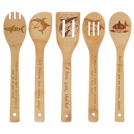 5PCS Shark Wooden Cooking Spoons Set Shark Gifts for Women Kitchen Decor Bamboo Cooking Utensil Spoons for Housewarming Wedding Anniversary Thanksgiving Christmas Gifts Mom Women