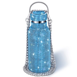 Geiserailie Diamond Water Bottle Bling Rhinestone Stainless Steel Thermal Bottle Refillable Insulated Glitter Water Jug with Chain for Women Girls Gifts(500 ml,Blue)