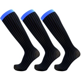 3-Pack Mens Over the Calf Sheer Nylon Spandex Dress Socks (Black & Blue Stripe (40 Denier))