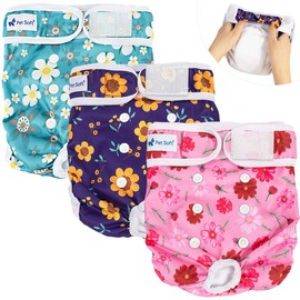 Pet Soft Washable Female Diapers (3 Pack) Female Dog Diapers, Comfort Reusable Doggy Diaper for Girl Dog in Period Heat (Cute Flower, L)