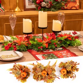 Meonum Christmas and Thanksgiving Centerpiece Table Decorations with 3 Candle Holders, 3 Poinsettia, 3 Thanksgiving Pumpkin Centerpiece, Christmas Centerpieces for Dining Room Fireplace Table Decor