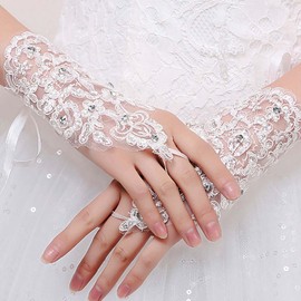 SINLOV Bridal Lace Gloves Short Wedding Bridal Tulle Fingerless Gloves Evening Glove for Wedding Prom Evening Party (White)