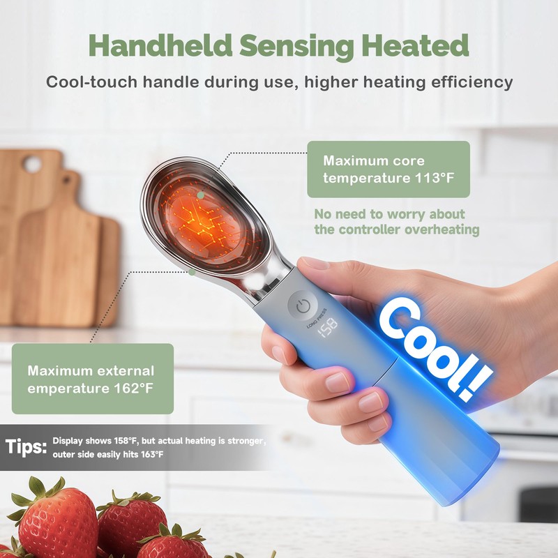 Heated Ice Cream Scoop, Rechargeable Removable Battery, 30s Heat to