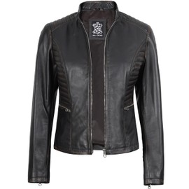 fjackets Real Leather Jacket Women - Cafe Racer Biker Motorcycle Lambskin Brown Leather Jacket Womens (N2) | [1315946] N-185 Ruboff, 2XL