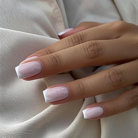 French Tip False Nails - Nude Color Stick on Nails with Elegant White Edge - 24pcs Fake Nails with Glue - Square Press on nails Short in 12 Sizes - Full Cover Artificial Nail for Women Girls
