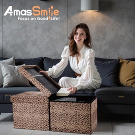 AmasSmile Footrest Ottoman Bench with Storage,34Inch Leopard Print Velvet Footstool, Coffee Table, Padded Seat, Storage Chest,Blanket Store with Flipping Lid for Livingroom and Bedroom