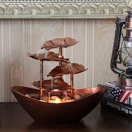 Water Fountains Metal Lotus Leaf Tabletop Fountain Waterfall Indoor Waterfall Fountain 4-Tier Metal Lotus Leaf and Ingot Fountain Small Desk Waterfall Fountain for Home Decoration (Metal Bronze)