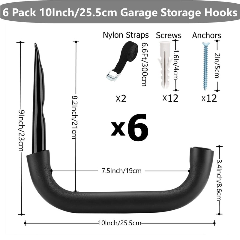 6 Pack Heavy Duty Garage Storage Ladders Hooks, 10 Inch
