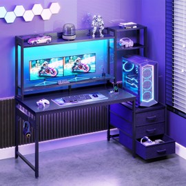 Casaottima 48 Inch Gaming Desk with Hutch, 3 Fabric Drawers, Monitor Stand, USB Ports & LED Lights, Reversible Design Computer Desk for Home Office, Black
