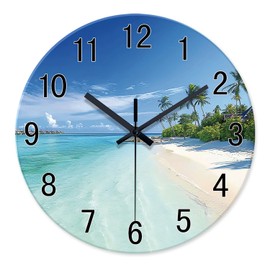 XFM Blue Wall Clock Battery Operated 14 Inch Palm Tree Silent Wall Clock Glass Coastal Wall Clock for Living Room Beach Clocks Wall Decor