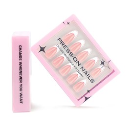 30Pcs French Tip Press on Nails Short Almond Fake Nails Nude Pink Acrylic Nails Glue on Nails Cute White French Nail Tips Full Cover Artificial False Nails for Women Girls DIY Manicure Accessories