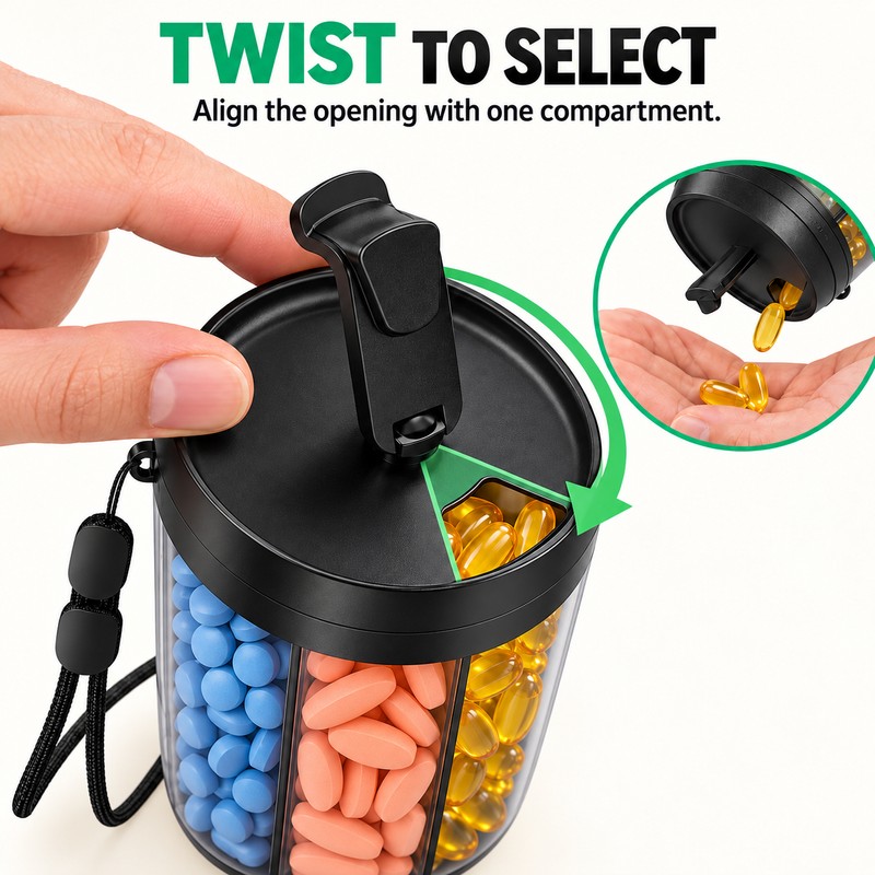 6 Compartment Pill Organizer with Rotating Lid Large Capacity Portable