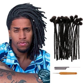 Coriario 0.4 cm Real Human Hair Dreadlock Extensions 8 inch 30 Strands Full Handmade Permanent Loc Extensions Human Hair Natural Black Dreads Extensions for Men Women Kids