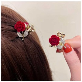 Aneneiceera Vintage Red Satin Flower Hair Clip Barrette Red Velvet Hair Clamp Barrette Thick Floral Crystal Hair Claw Pin Clips Decorative Hair Accessories for Women (Rose)