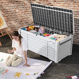 DWVO 120 Gallon Outdoor Louver Storage Deck Box w/Seating Cushion, Large Storage Box for Outdoor Pillows, Garden Tools and Pool Supplies, Resin, Waterproof, Lockable (White)