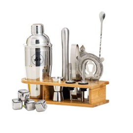 LU’C Cocktail Shaker Set Bartender Kit with Stand – Bar Set Drink Mixer with All Essential Accessory Tools: Martini Shaker, Jigger, Strainer, Mixer Spoon, Muddler, Liquor Pourers – Silver