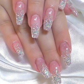 Get Glamorous With 24pcs Light Nude Pink Press On Nails, Long Almond Glitter Ombre Full Cover Fake Nail Set Nail Art Nail Care Nail Polish Polish Color Cutics