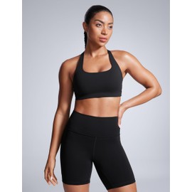 CRZ YOGA Butterbreeze Square Neck Sports Bras for Women - Strappy Thin Straps Wireless Workout Traning Padded Gym Cami Top Black X-Small