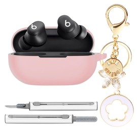 Zuianrll for Beats Solo Buds 2024 Case Cover, Premium Soft Silicone Full Protective Case with Bling Five Leaf Keychain & Cleaner Kit for Women Girls (Pink)