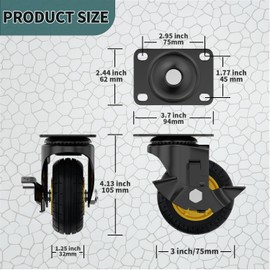 Lygoeege 3 Inch Swivel Caster Wheels with Side Brake, Up to 800lbs by Set of 4, Solid Rubber, Plate Casters, Outdoor, Flat Free for Carts, Dolly, Workbench, Trolley, DIY Tools